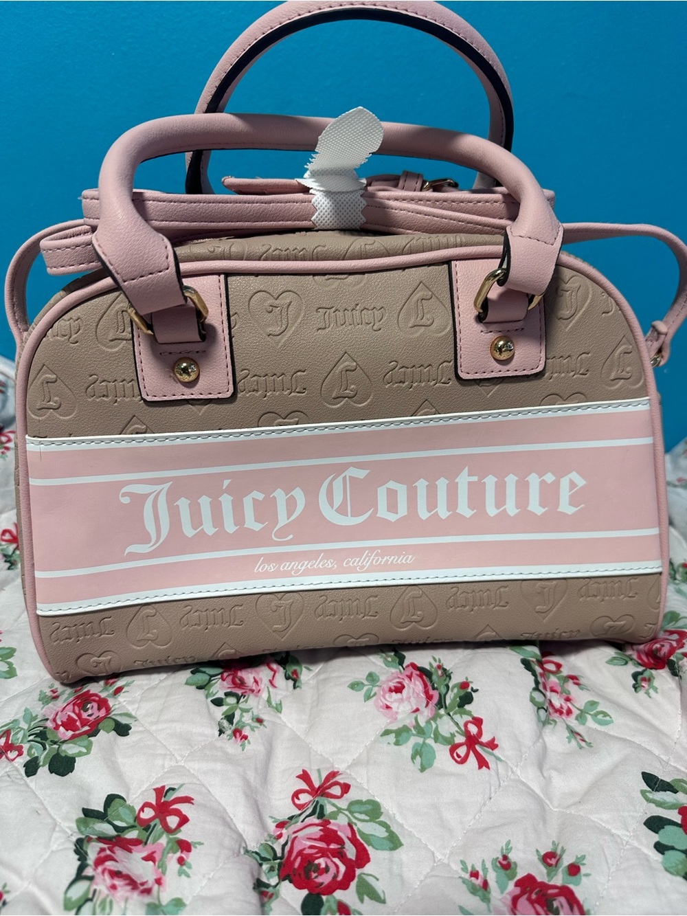 Juicy Couture Pink & Beige Logo Dome Satchel with White Trim